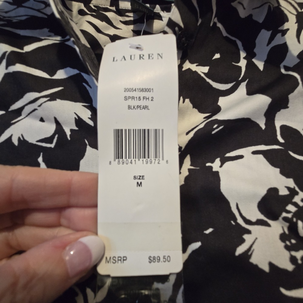 Lauren Ralph Lauren NWT Floral Top Women's MED Black Cotton Office Preppy Button - Picture 6 of 13
